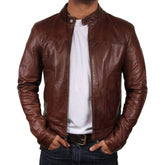 Men's Cognac Brown Lambskin Slim-fit leather Jacket